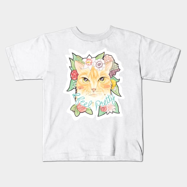 I Feel Pretty // Ginger Cat with Flowers Kids T-Shirt by arosecast